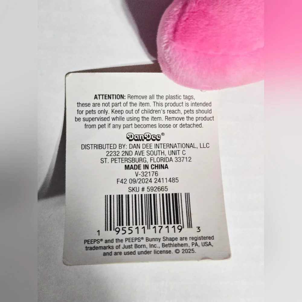 Peeps‎ Pink Bunny Pull Dog Toy Squeaky Plush w/ Teething Ring Dan Dee Easter Pet